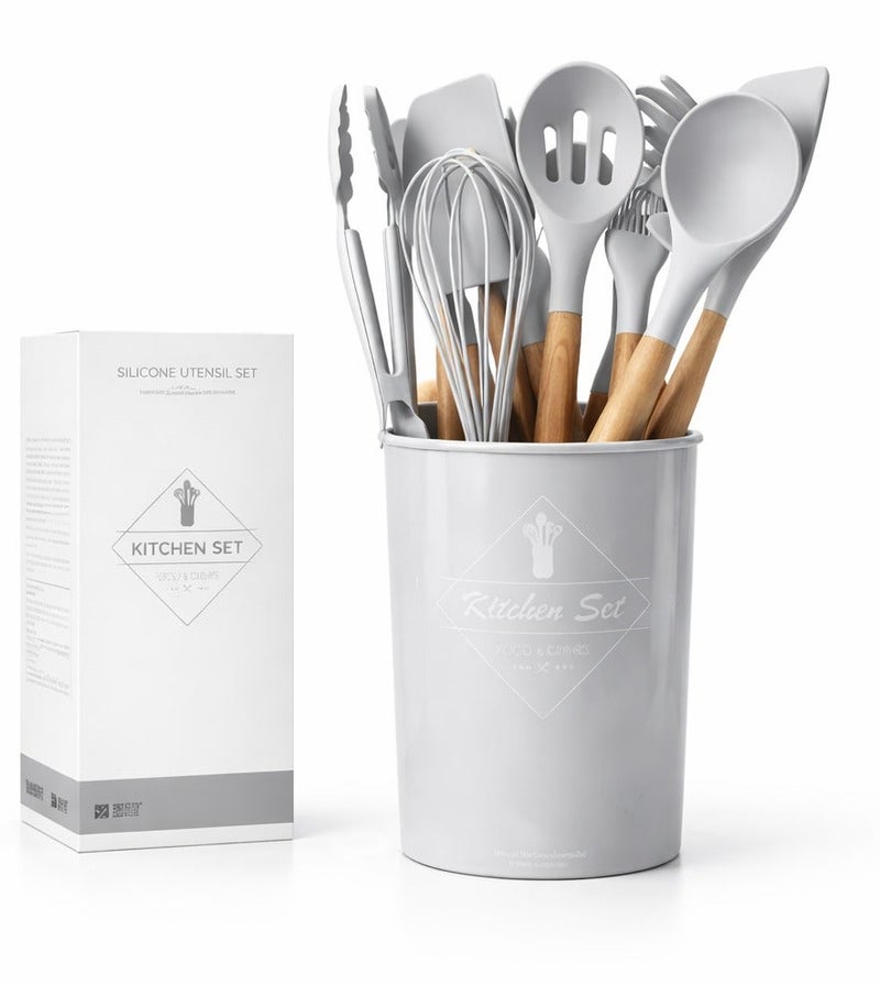 TaimAs Kitchen Utensil Set 12 Pieces Silicone Cooking Tools BPA-Free Heat Resistant Wooden Handle for Nonstick Cookware - Image 1